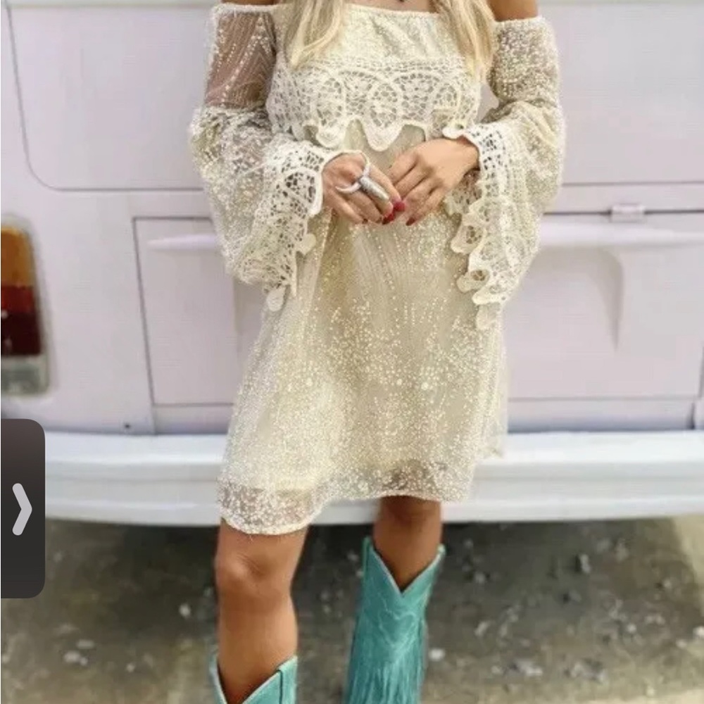 Southern Fried Chics Gypsy Gold Boho Sequin Off-Shoulder Mini Dress S